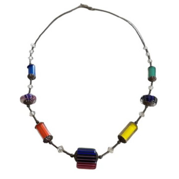 Sterling Silver Beaded Choker Rainbow Art Glass Necklace Modernist Jewelry Artsy - Picture 7 of 13